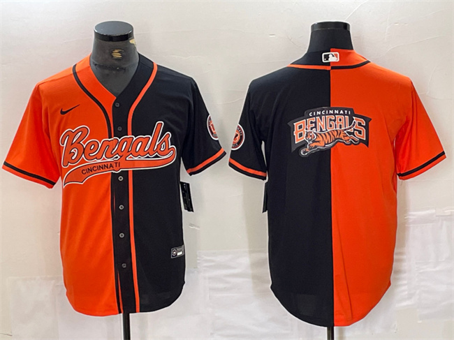Men's Cincinnati Bengals Team Big Logo Black/Orange Split With Patch Cool Base Stitched Baseball Jersey